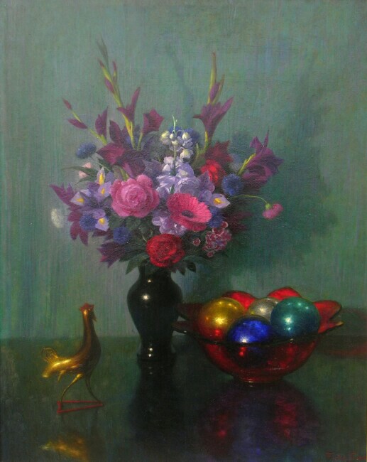 alt Still Life with Flowers, Bowl of Christmas Ornaments and Rooster